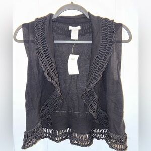 CACH’E Open Front Crocheted Trim Black Women's Sweater Vest